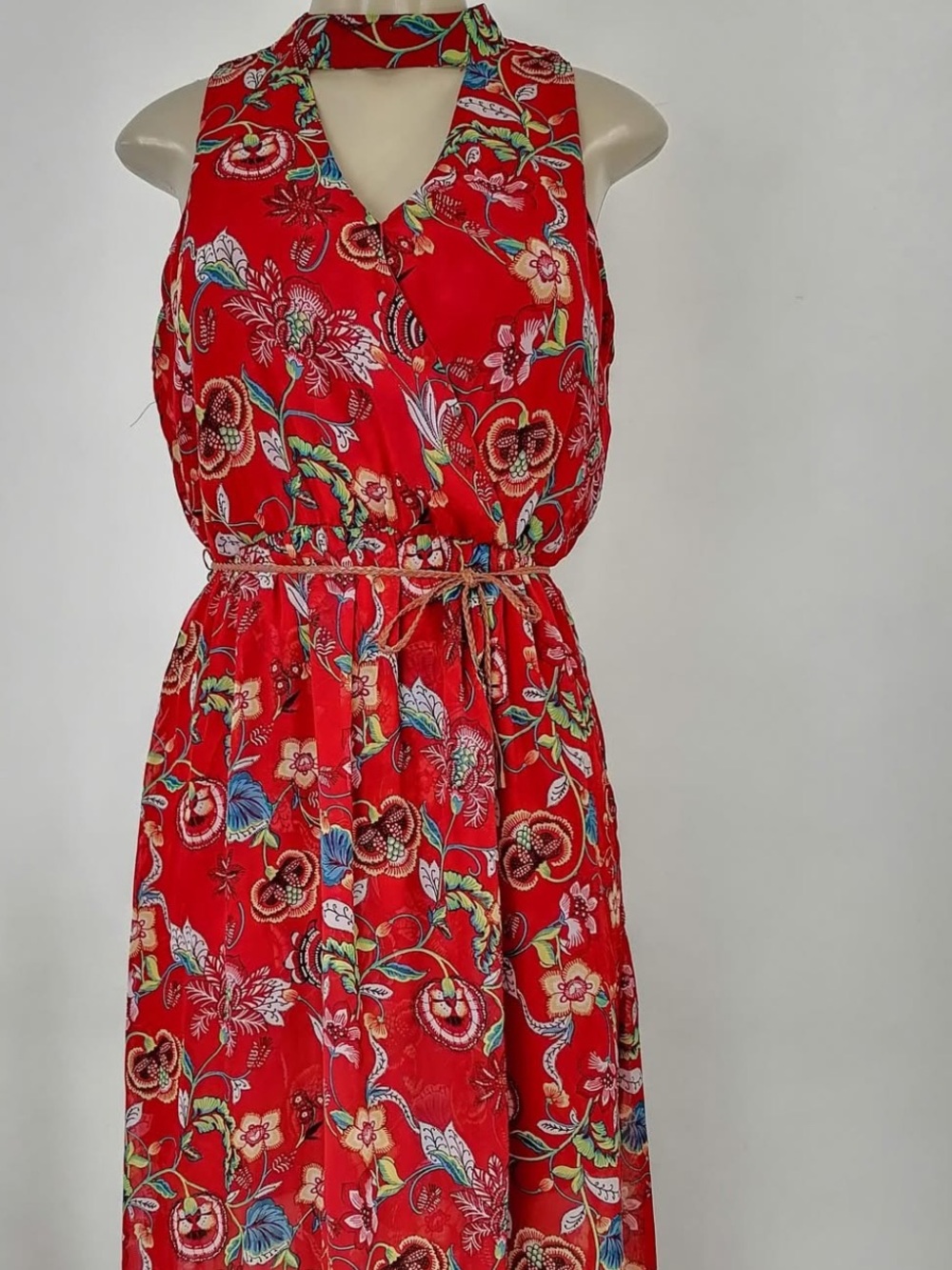 by & by Red Floral Halter Maxi Dress with Tie Waist